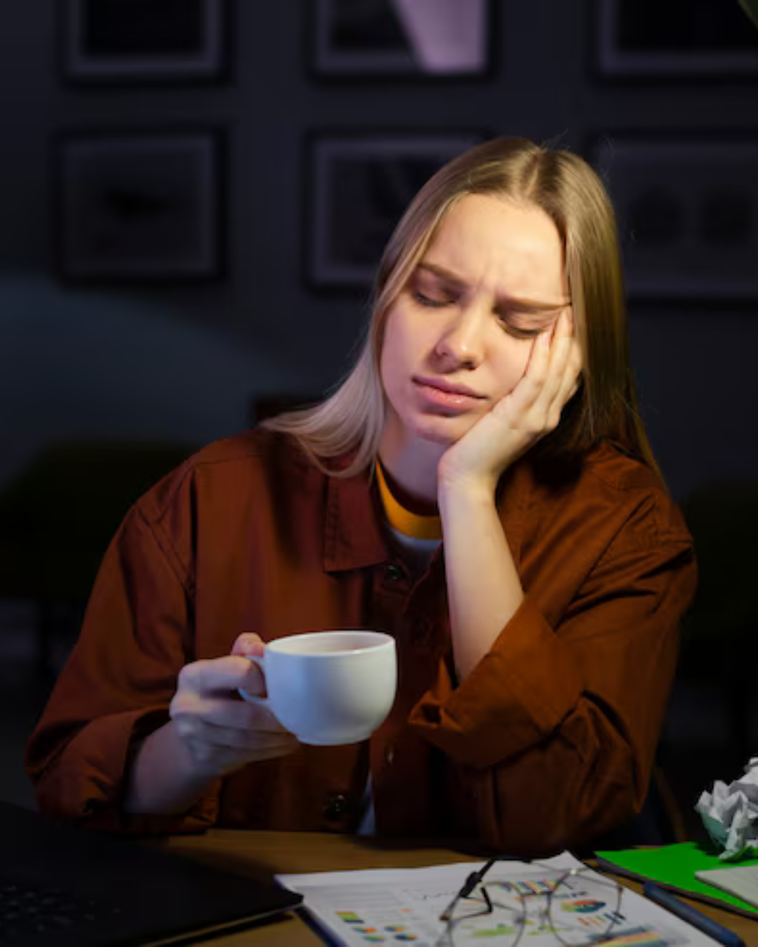 "Night overthinking se pareshan ek insaan bed par neend na aane ki wajah se chhat dekhte hue, stress aur anxiety bhare thought bubbles ke saath"