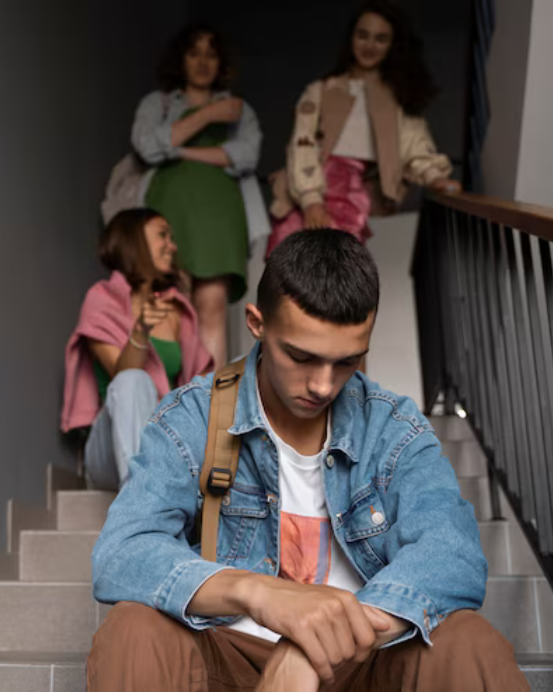 A young adult sitting alone on a bench in a crowded park, looking down with a tense expression while people pass by, seemingly unaware.